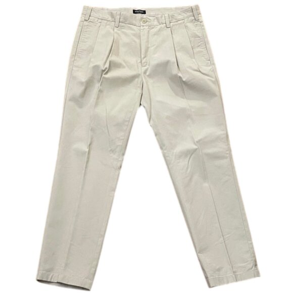 Nautica Khaki Cotton Twill Pleated Pants Mens Size 36x30 Work Preppy - Picture 1 of 13
